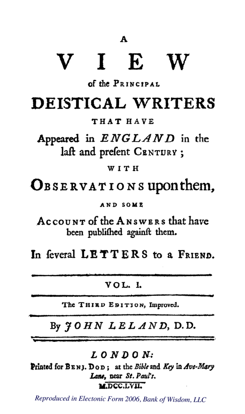 (image for) A View of The Principal Deistical Writers , Vol. 1 of 2 Vols. - Click Image to Close